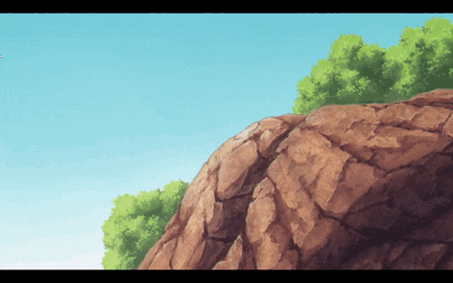 a painting of a rocky hillside with trees on it