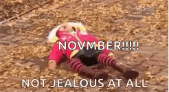 a little girl is laying on the ground in a pile of leaves .