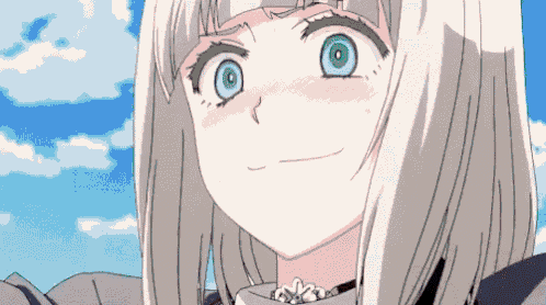 a close up of a anime girl with white hair and blue eyes making a funny face .