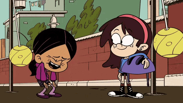 two cartoon girls are standing next to each other and laughing
