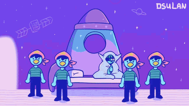 a group of cartoon characters are standing in front of a rocket with the name dsulan on the bottom right