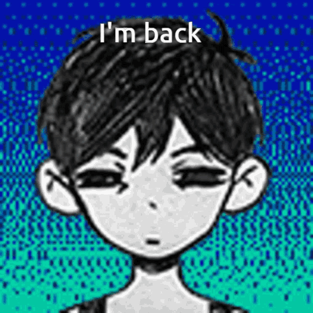 a black and white drawing of a boy with the words `` i 'm back '' written on the bottom .