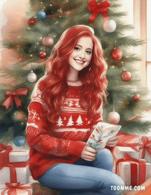 a girl with red hair is sitting in front of a christmas tree