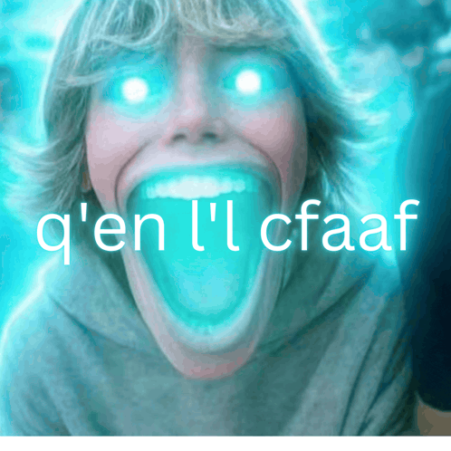 a picture of a woman with her mouth open and the words q 'en l ' l cfaaf below her