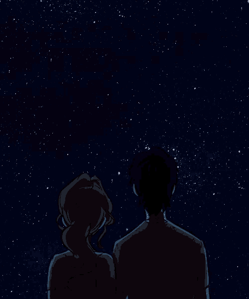 a man and a woman are looking up at a starry sky