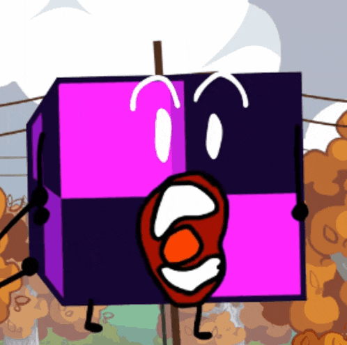 a cartoon drawing of a purple and black cube with a face on it