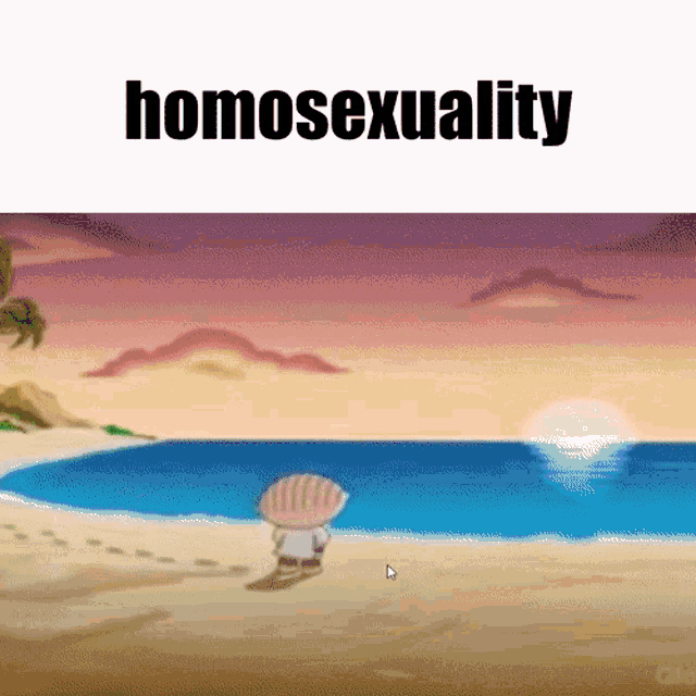 a cartoon of a man on a beach with the words homosexuality above him