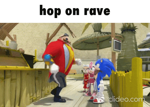 a video of sonic the hedgehog dancing with the words hop on rave below it