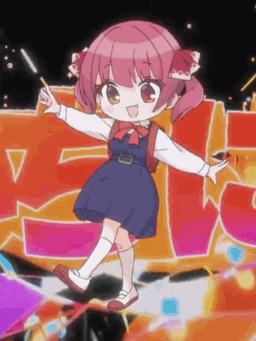 a little girl with pink hair and a backpack is dancing in front of a colorful background .