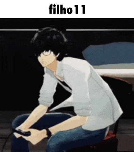 a man is sitting on a stool playing a video game with the words filho11 above him .