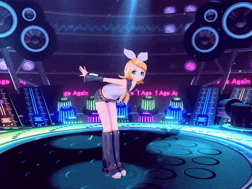 a girl stands in front of a stage that says go again