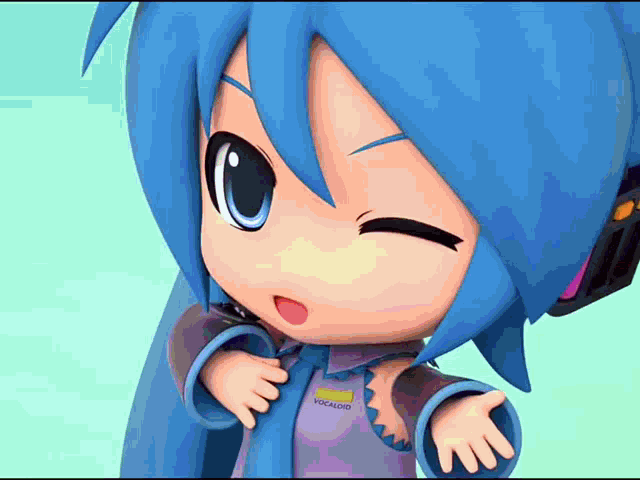 a cartoon character with blue hair and a shirt that says vocaloid on it