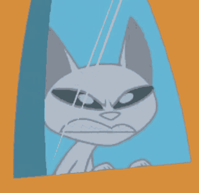 a cartoon cat is looking out of a window with an angry look on his face