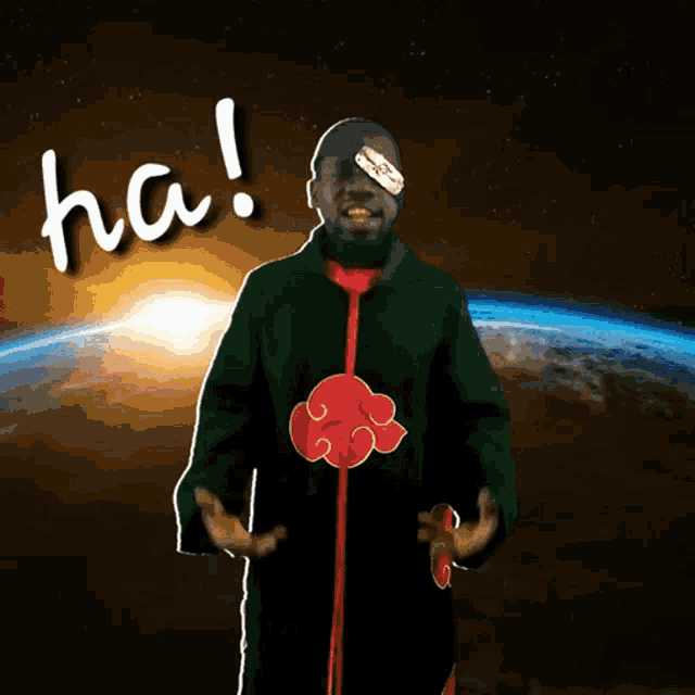 a man with a bandage on his eye is standing in front of the word ha