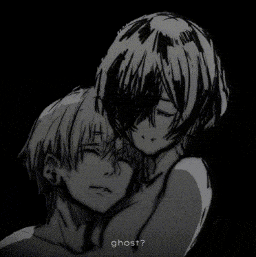 a black and white drawing of a man and a woman with the word ghost written below them