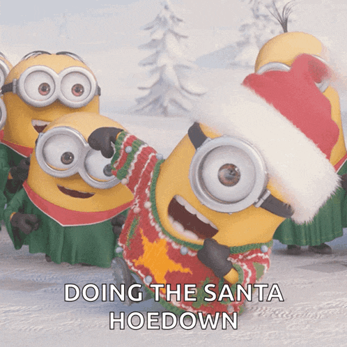 a group of minions wearing santa hats and sweaters with the words doing the santa hoedown below them