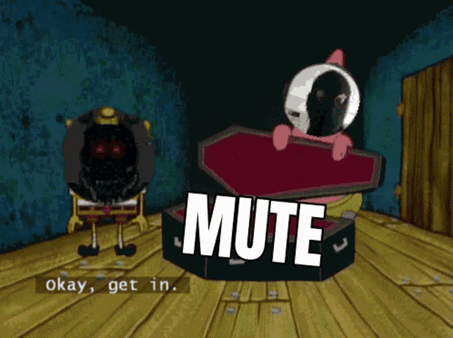 a cartoon of spongebob and patrick holding a coffin with the word mute on it