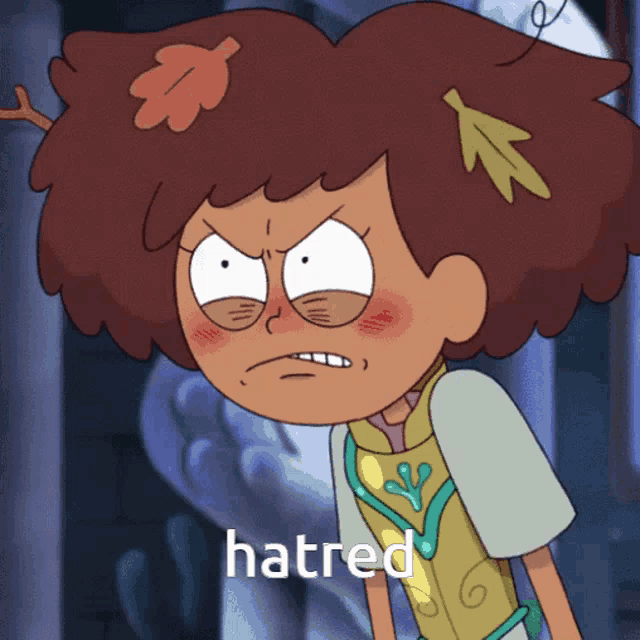 a cartoon character with a leaf in her hair has the word hatred on the bottom