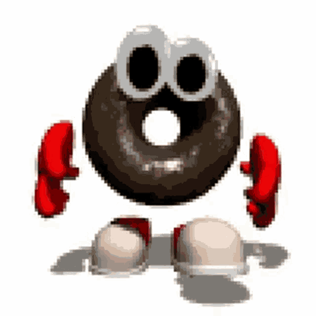 a chocolate donut with googly eyes and red arms and legs is standing on a white background .