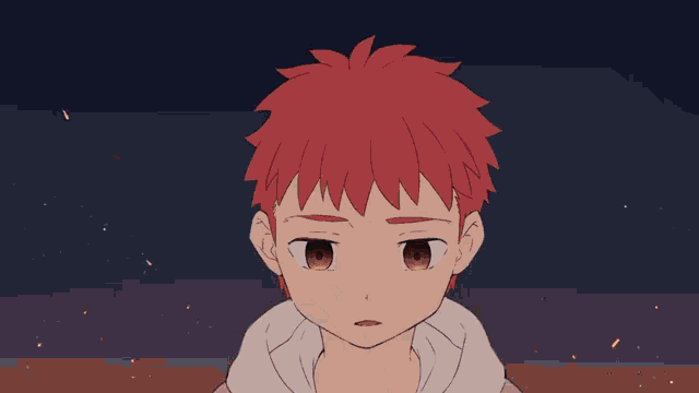 a drawing of a boy with red hair and a white shirt with his eyes closed