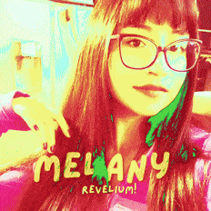 a woman wearing glasses with the name melany written on the bottom