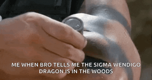 a man with a tattoo on his arm is holding a sword and a can .