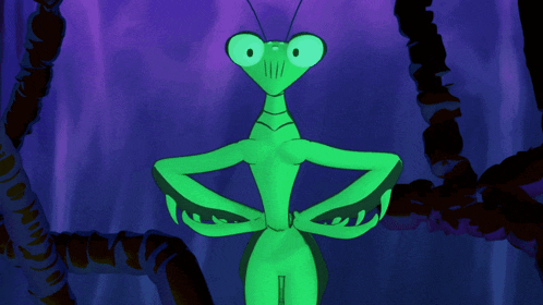 a green praying mantis is standing with its hands on its hips in front of a purple background