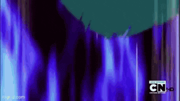 a cartoon character is standing in front of a waterfall with purple and blue lights coming out of it .