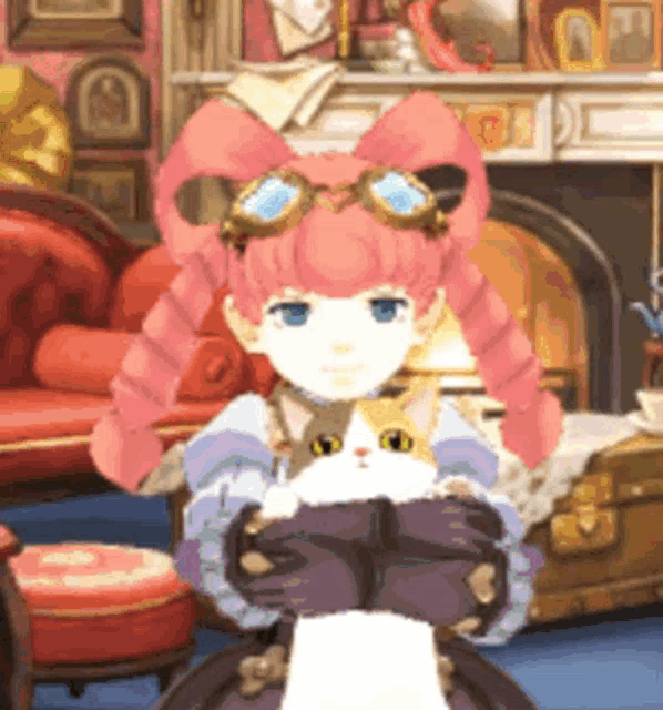 a girl with pink hair is holding a white cat in her arms