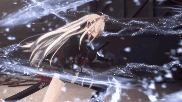a woman with long white hair is holding a sword in her hand