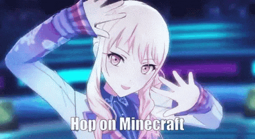 a girl is making a funny face with her hands and the words `` hop on minecraft '' written on the bottom .