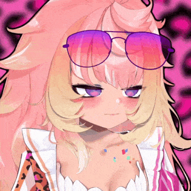 a drawing of a girl wearing sunglasses with a pink background