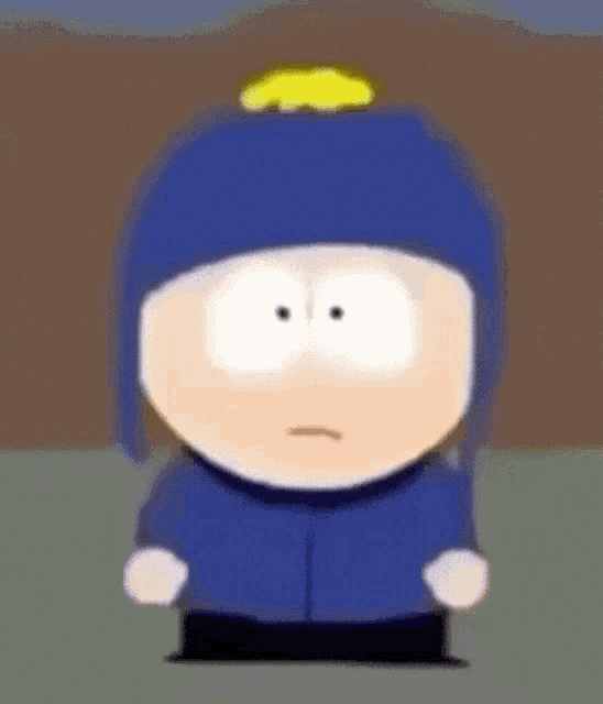 a cartoon character from south park is wearing a blue hat with a yellow flower on top .