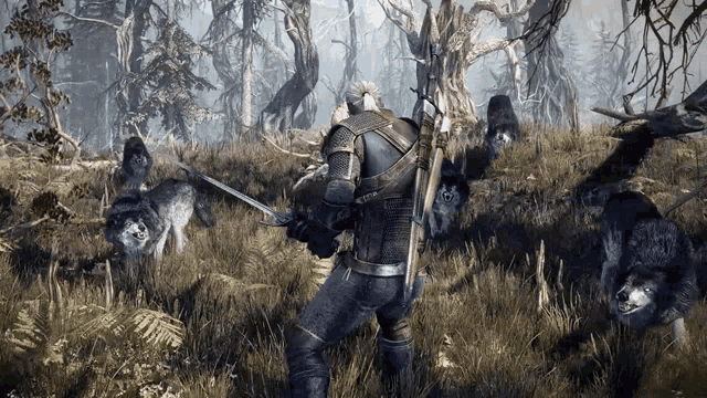 Surrounded By Wolves Geralt Of Rivia GIF - Surrounded By Wolves Geralt Of Rivia The Witcher GIFs