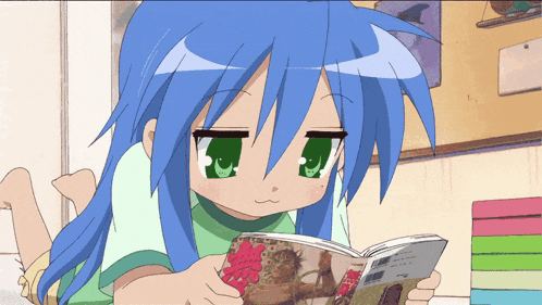 a cartoon girl with blue hair and green eyes is reading a book