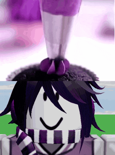 a cartoon character with purple hair and a scarf is being decorated with purple frosting