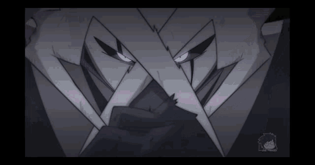 a close up of a cartoon character with purple eyes and a black background