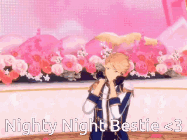 a cartoon character is standing in front of a bunch of pink flowers with the words nighty night bestie < 3