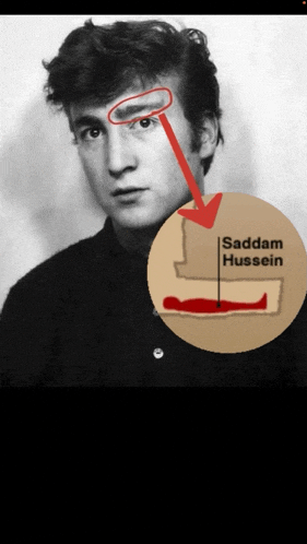 a black and white photo of a young man with an arrow pointing to his eyebrow and the name saddam hussein on a circle