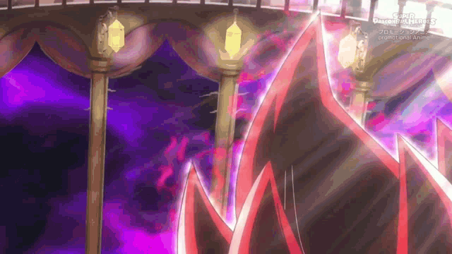 a purple and red animated background with the words dragon ball super on the bottom
