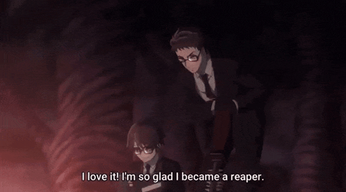 a man in a suit and tie says i love it i m so glad i became a reaper