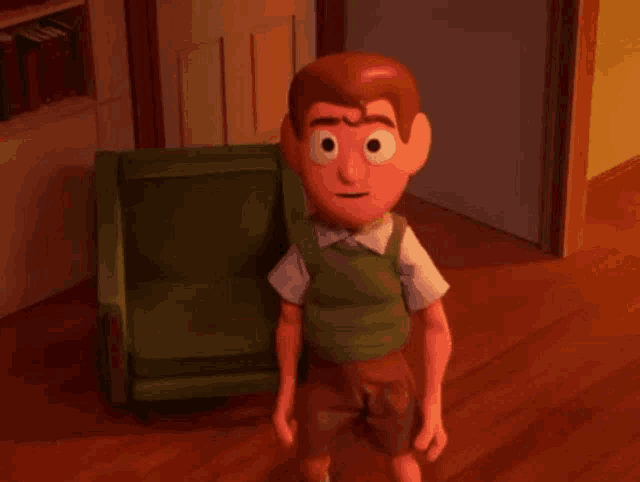 a cartoon character is standing in front of a green couch .