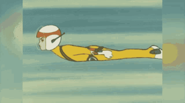 a cartoon character in a yellow suit and helmet is flying in the air .