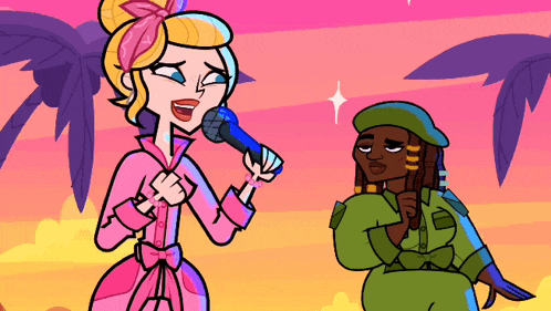 a cartoon of a girl singing into a microphone next to another girl