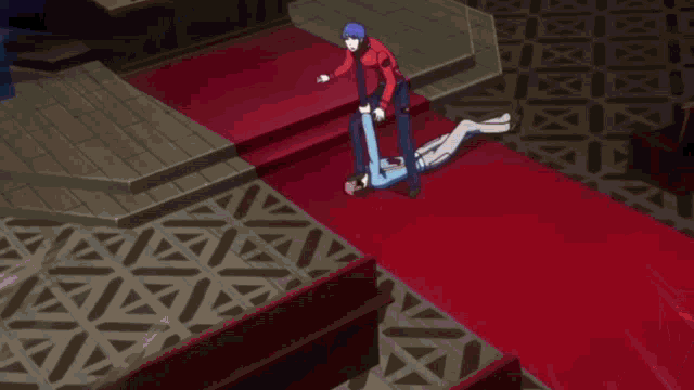 a man with blue hair is wearing a red shirt and a tie