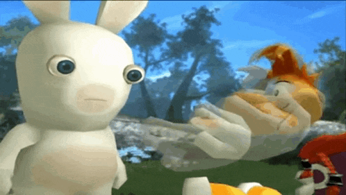 a cartoon rabbit is standing next to a cartoon rabbit