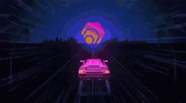 a car is driving down a road at night with a neon sign in the background