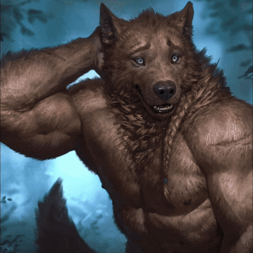a painting of a werewolf with blue eyes and a braid