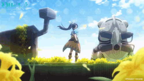 a girl standing next to a robot with the word project on the bottom