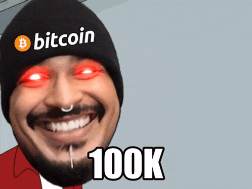 a man wearing a bitcoin beanie with red eyes